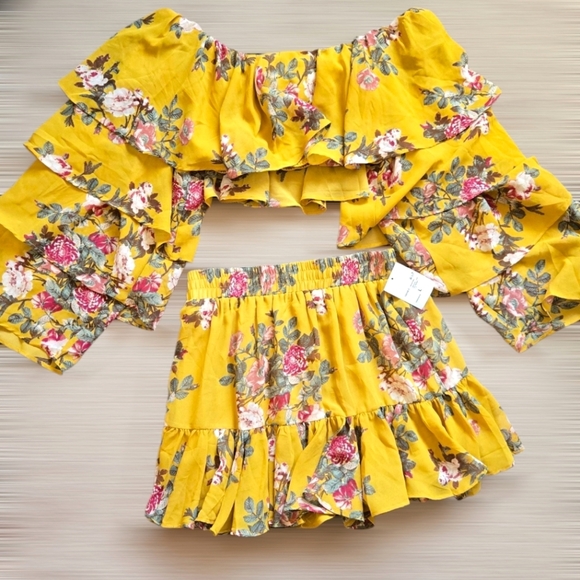 Forever 21 Yellow Floral Off The Shoulder Crop Ruffle Sleeve 2 Piece Skirt Set - Picture 9 of 9